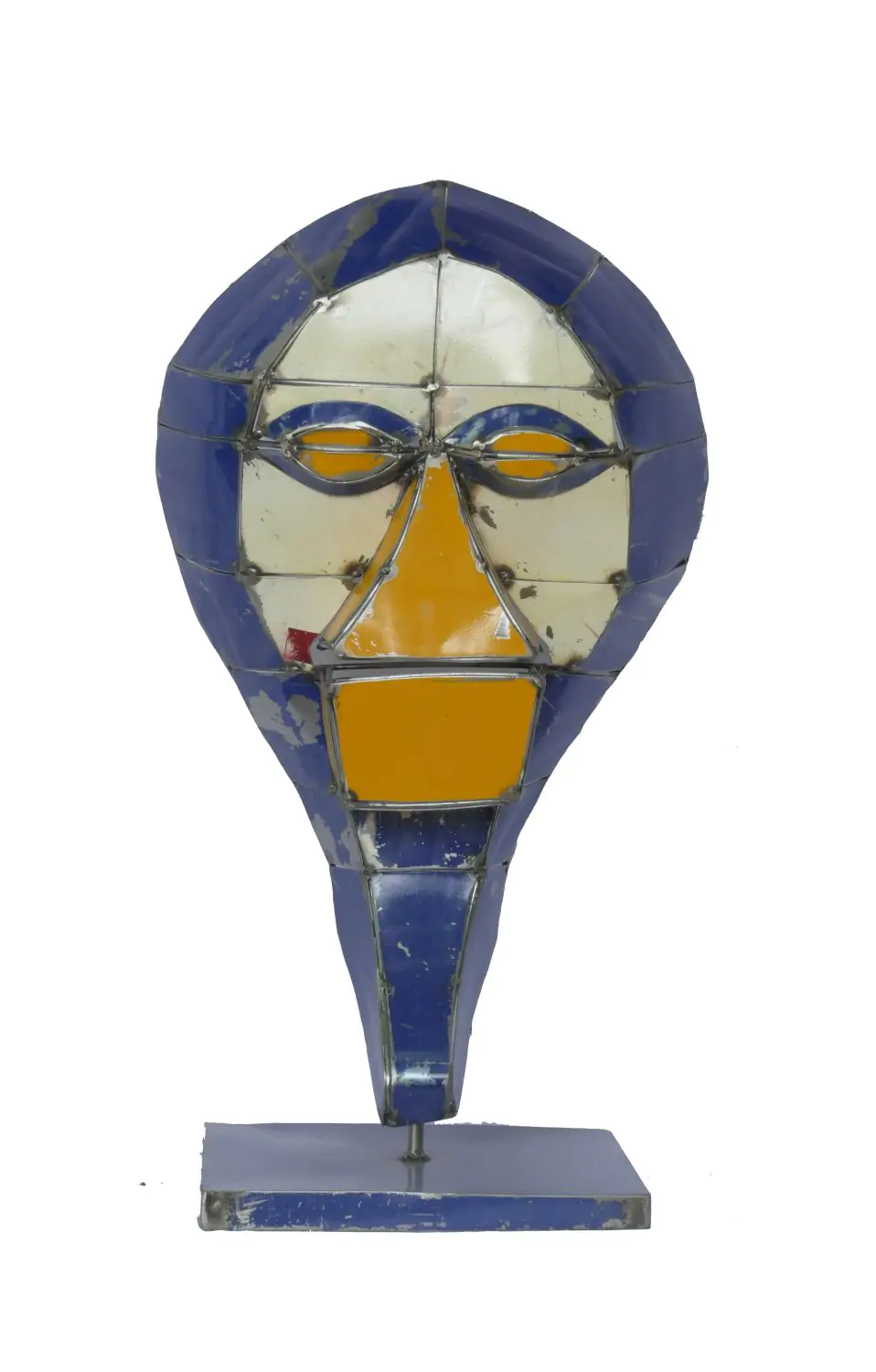  Product image 1 of the product “Small Mask on stand - Modell 3, 53cm height, sculpture from upcyceled oil barrel. ”
